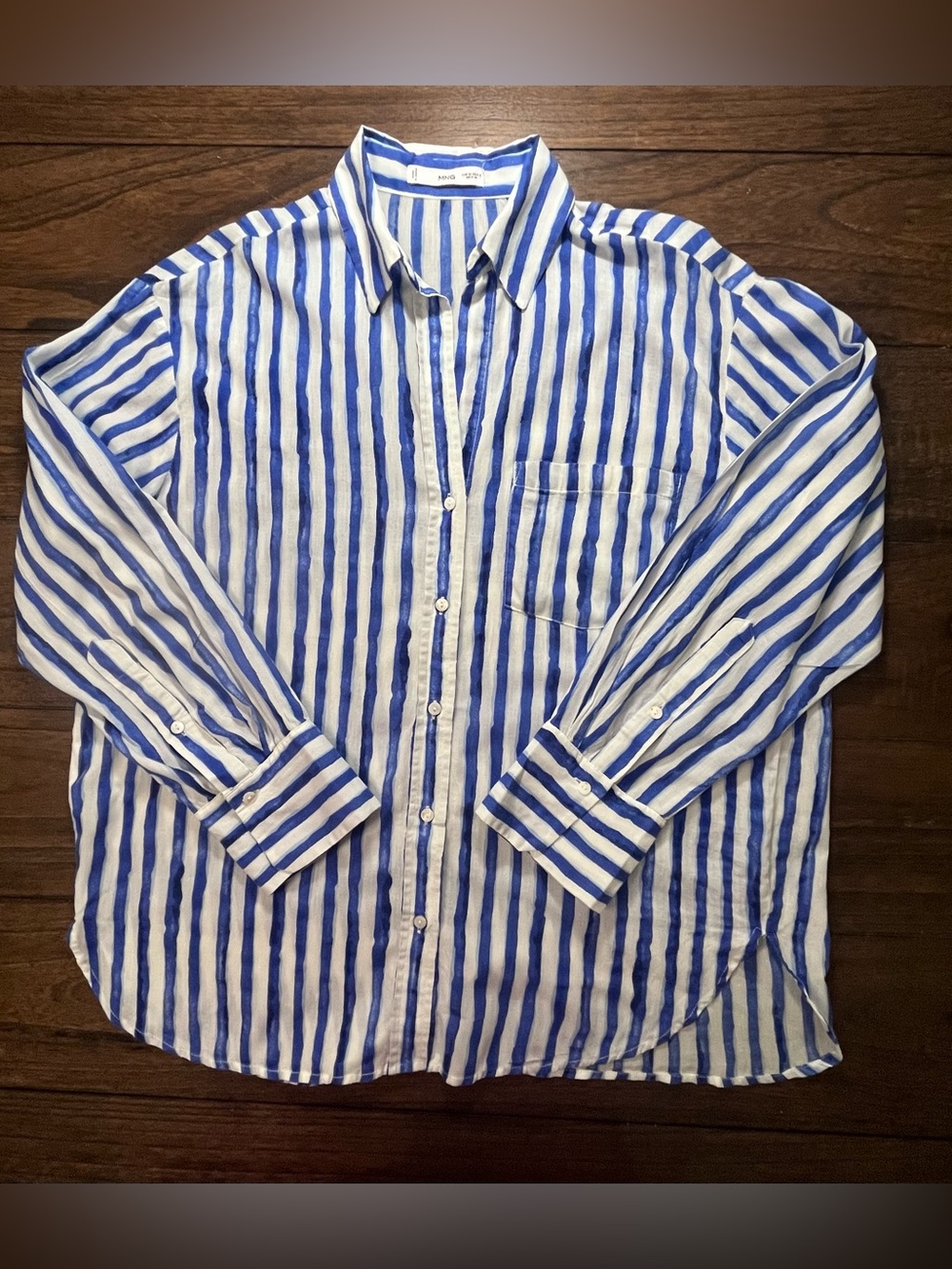 Mango Blue and White Vertical Stripe Button-Down Shirt